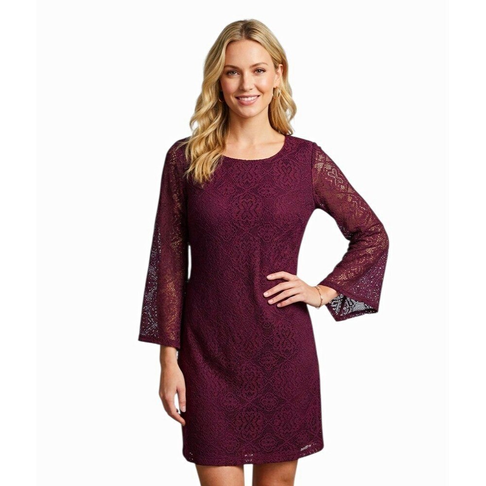 I.N. San Francisco Womens Dress L Burgundy Lace Floral Lined Shift 3/4 Bell slv